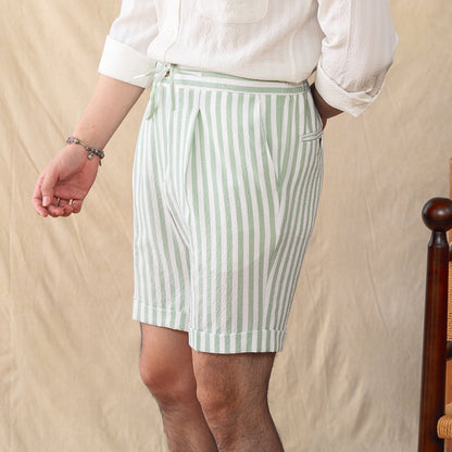 Pleated Seersucker Striped Bermuda Shorts Portofino