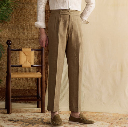 Portofino Double Pleat Straight-Leg Linen Trousers
