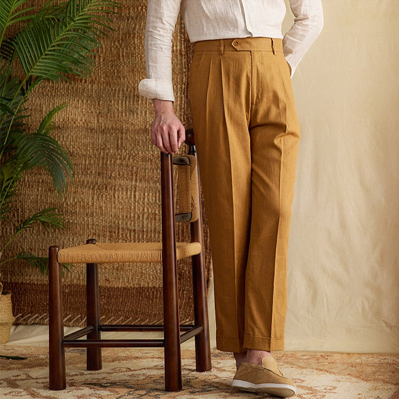 Bergamo Straight Trousers in Cotton and Linen Blend with Double Pleats