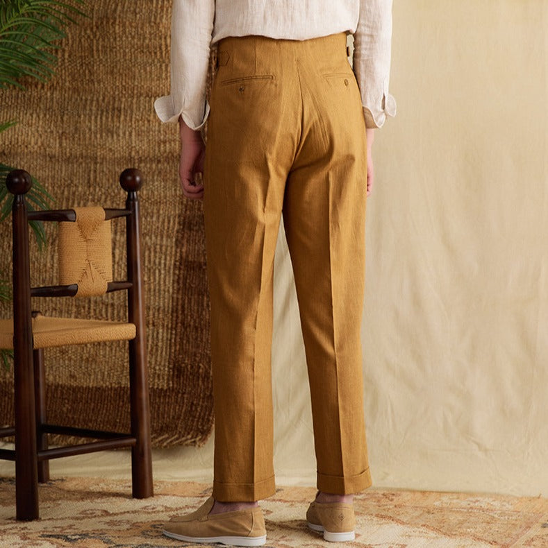 Semplice Trousers in Linen Blend with Double Pleat and Straight Cut