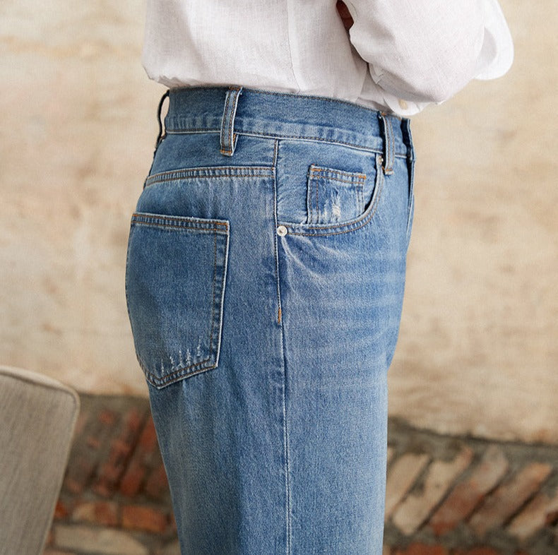 Pleated Straight Leg Cotton Denim Trousers Alassio
