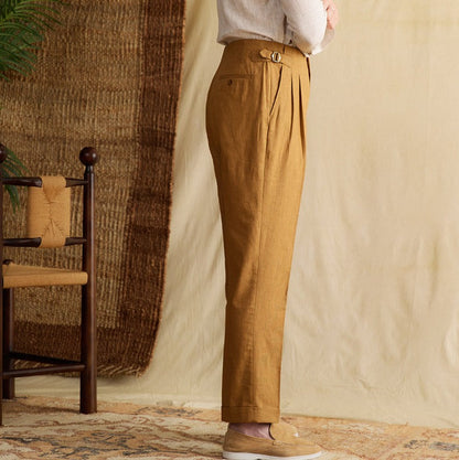 Semplice Trousers in Linen Blend with Double Pleat and Straight Cut
