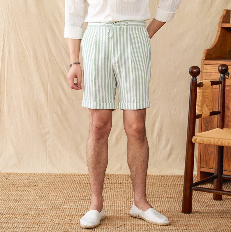 Pleated Seersucker Striped Bermuda Shorts Portofino