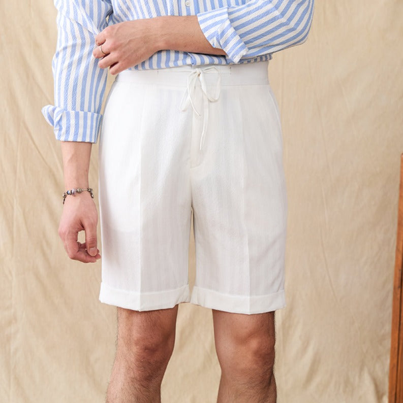 Pleated Seersucker Striped Bermuda Shorts Portofino