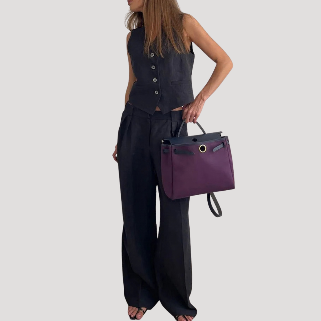 Women's Linen Blend Waistcoat Co-ord – Tailored 2 Piece Wide Leg Trouser Set