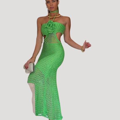 Crochet Beach Dress with Flower Detail and Maxi Length