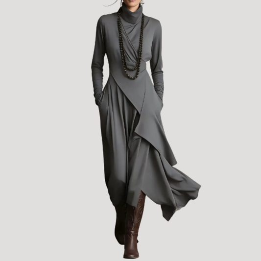 Modest Long Sleeve Turtleneck Asymmetrical Maxi Dress