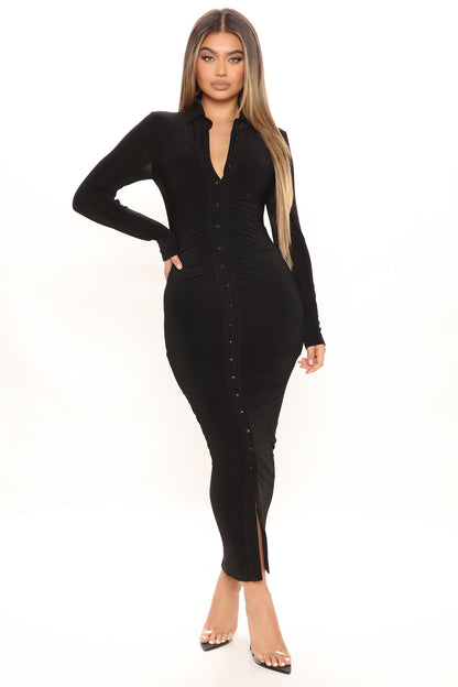 Slinky Long Sleeve Soft and Silky Dress - Black