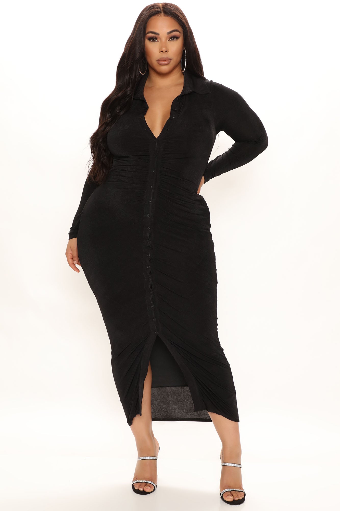 Slinky Long Sleeve Soft and Silky Dress - Black