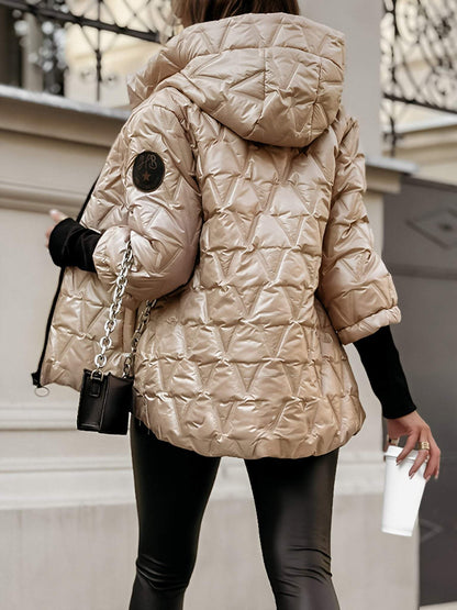 Cotton Hooded Jacket for Women with Long Sleeves for Autumn and Winter in Diamond Patchwork