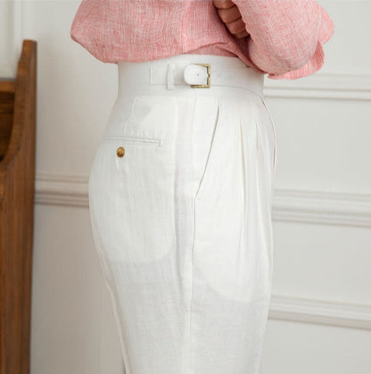 Monza Double Pleat Straight Leg Trousers in Linen Blend