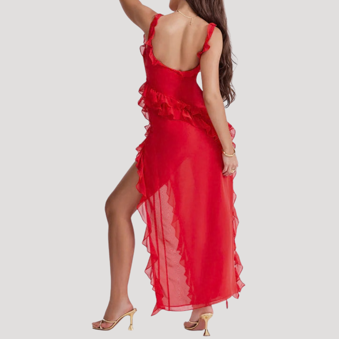 Ruffle Maxi Dress with High Slit for Elegant Evenings