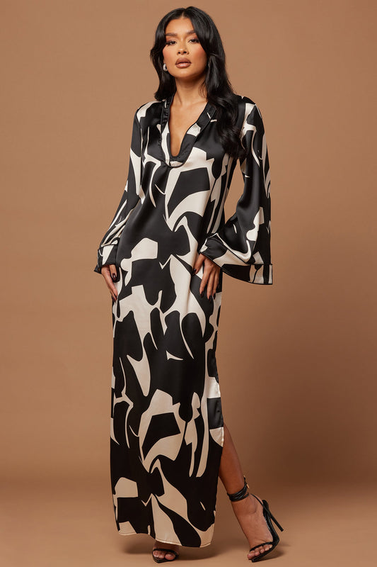 Maxi Kaftan Satin Dress from Seoul - Black/Combo