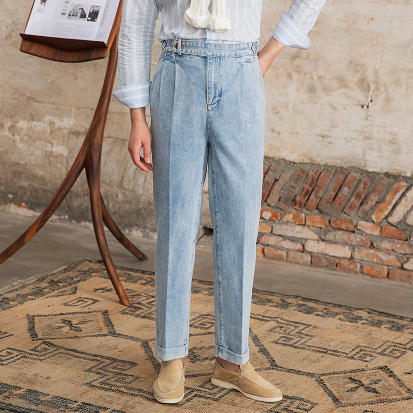 Straight Pleated Cotton Denim Trousers "Barcelona"