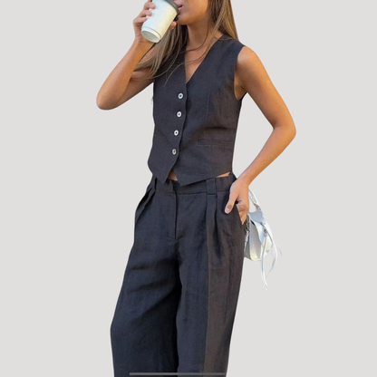 Women's Linen Blend Waistcoat Co-ord – Tailored 2 Piece Wide Leg Trouser Set