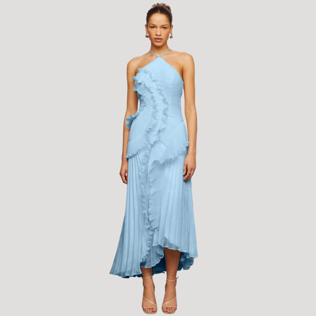 Women’s Elegant Occasion Halter Neck Frill Midi Dress