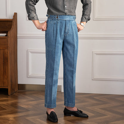 Vintage Pleated Straight Denim Trousers Lorenzo