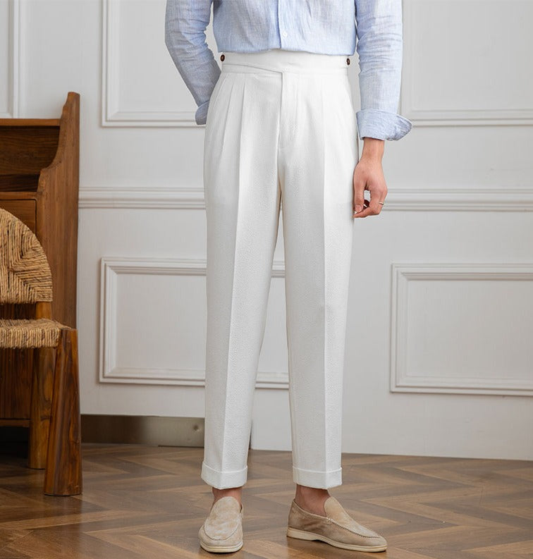 Straight Trousers with Double Pleats in Seersucker Moneglia