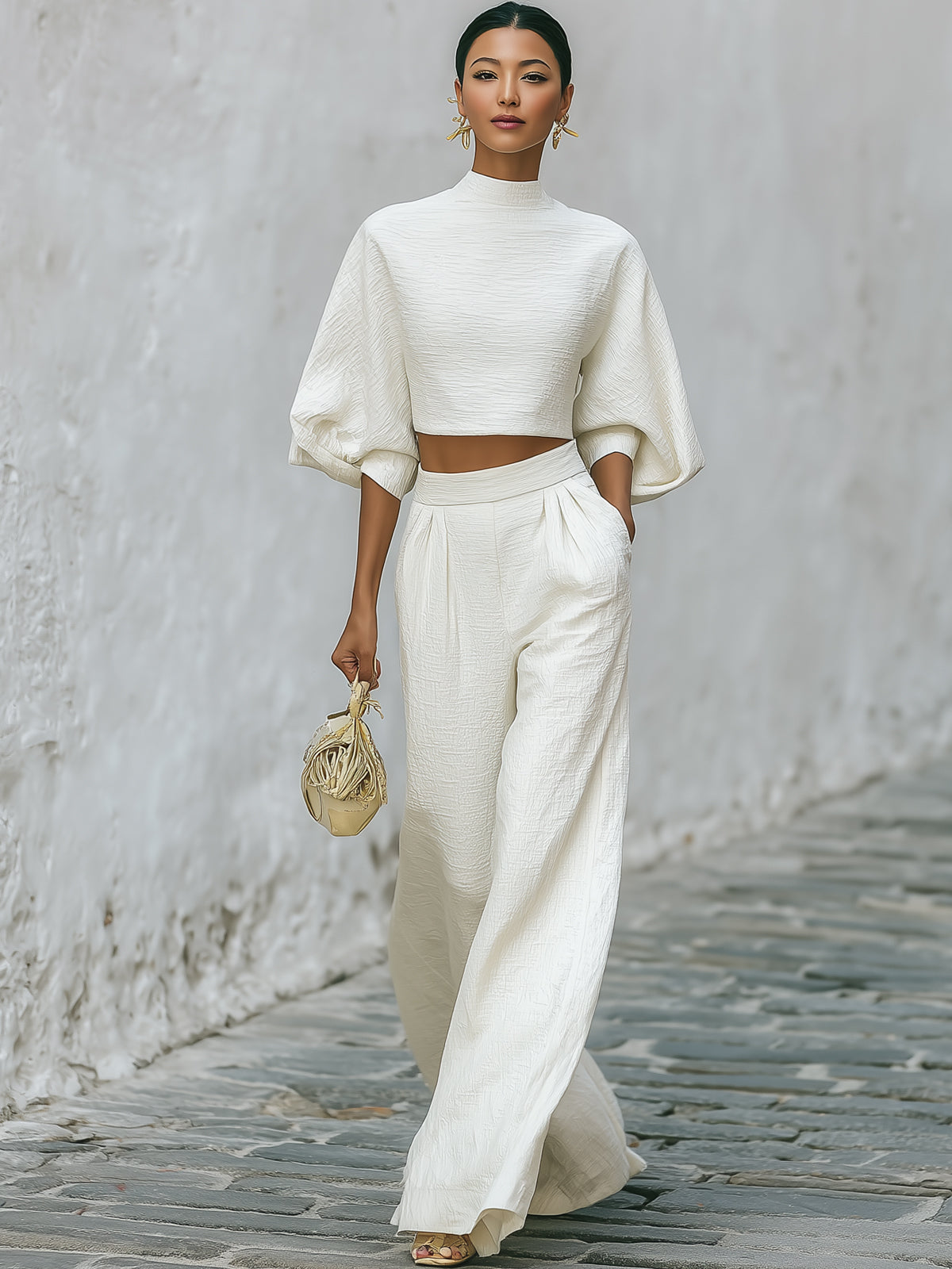 Glowy - Textured Creamy White Lantern Sleeve Set