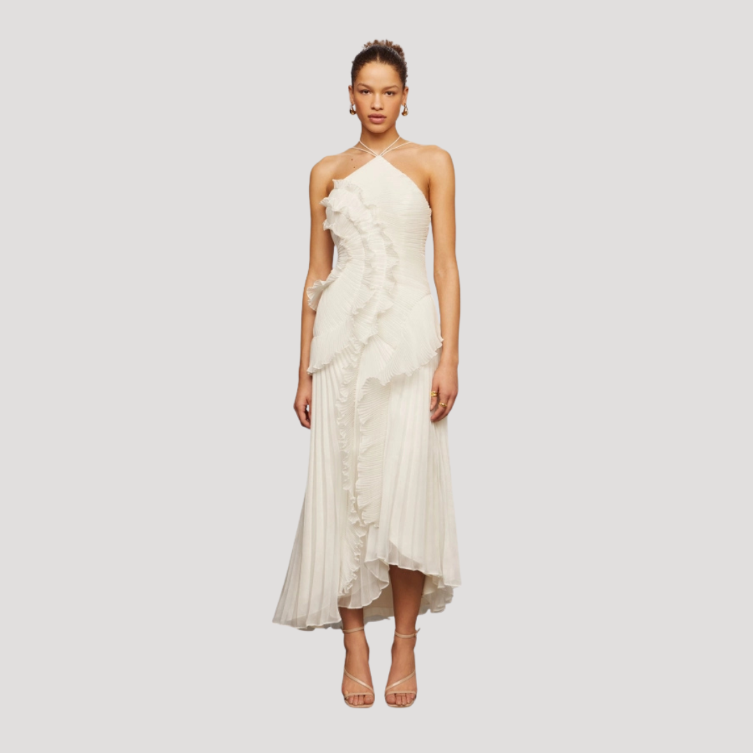 Women’s Elegant Occasion Halter Neck Frill Midi Dress