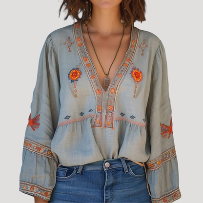 Women's Boho Floral Embroidered V-Neck Blouse