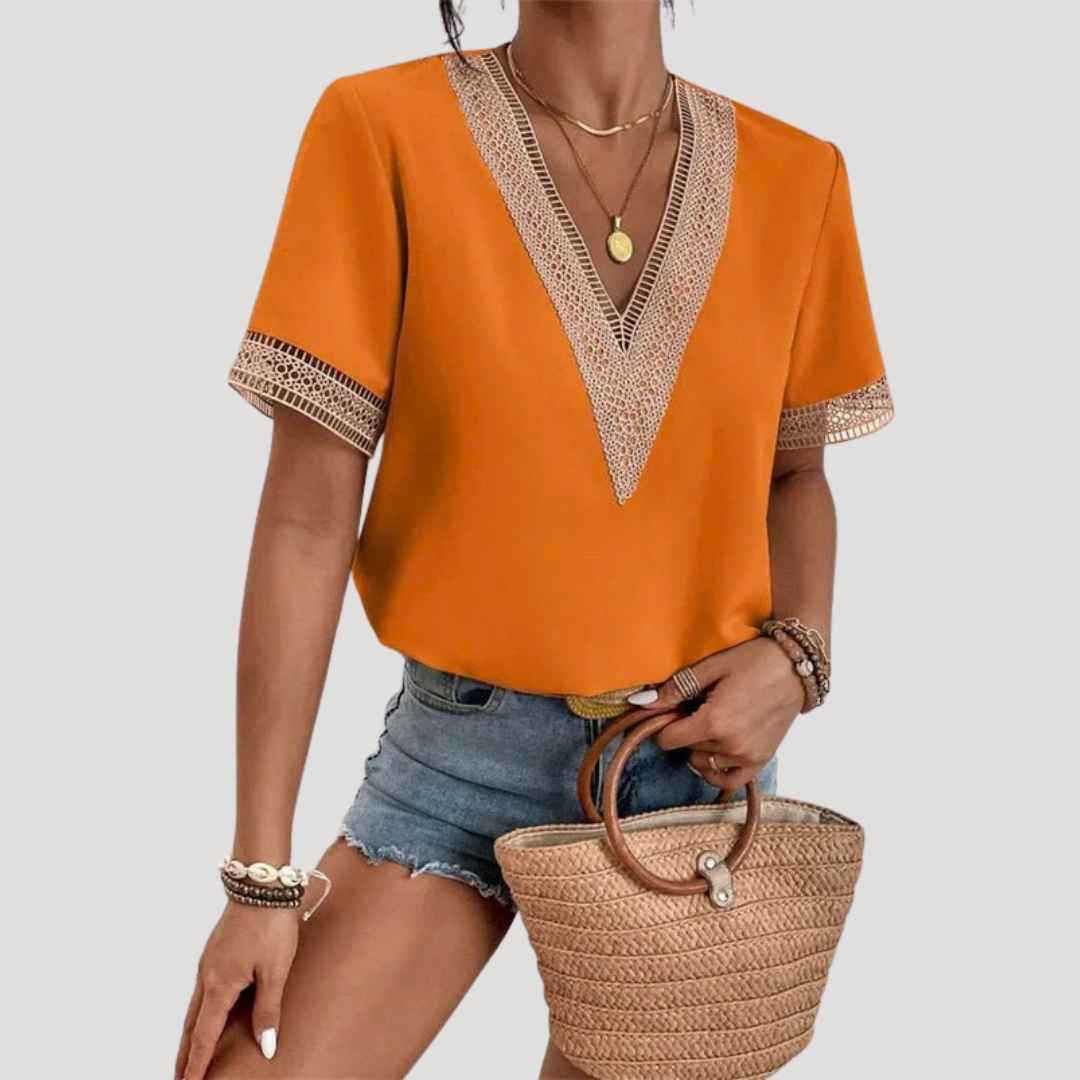 Women's Lace Trim V-Neck Summer Blouse