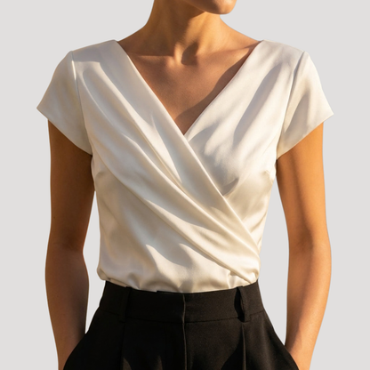 Women’s Short Sleeve Draped Wrap V-Neck Blouse Top
