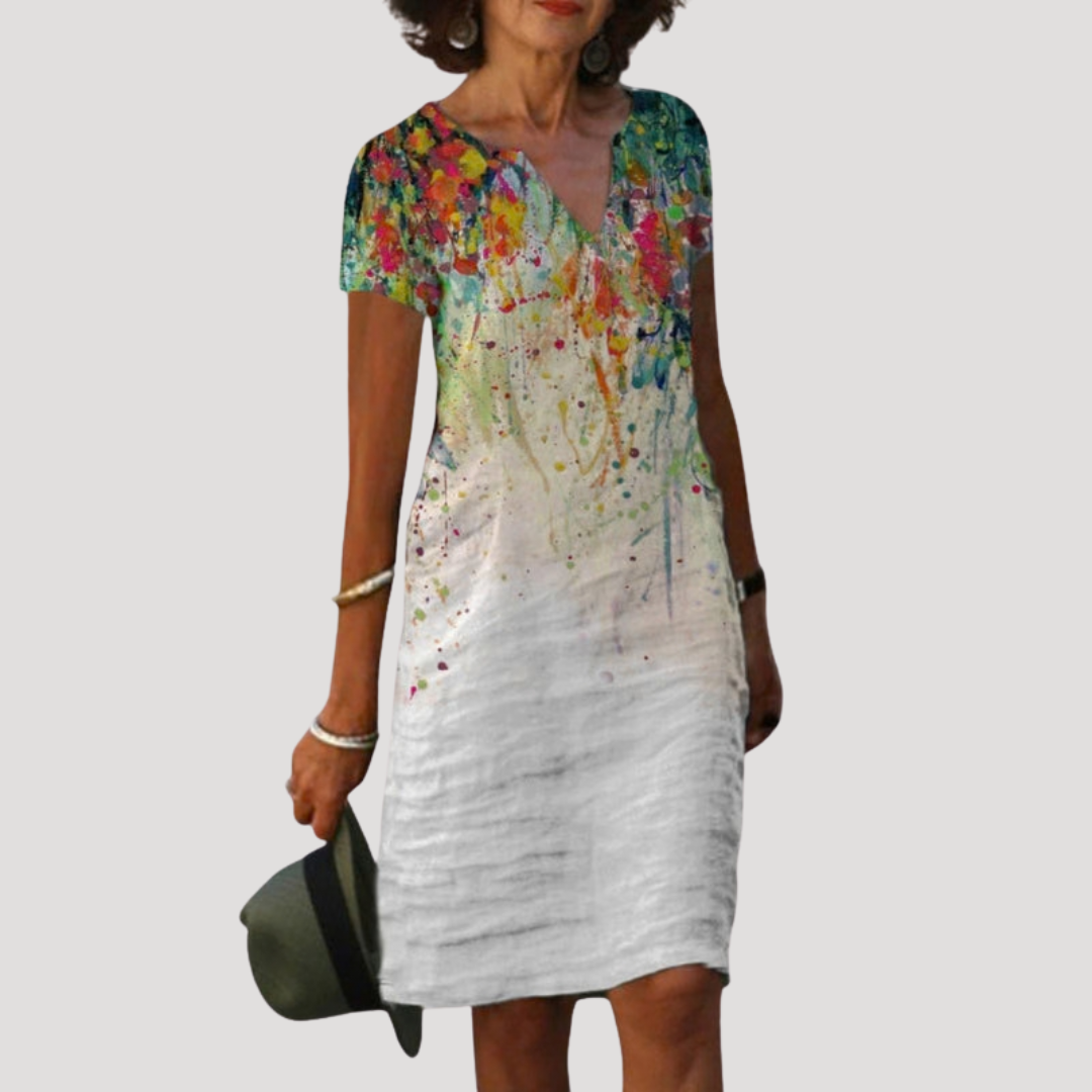 Flattering Printed Shift Dress with V-Neck