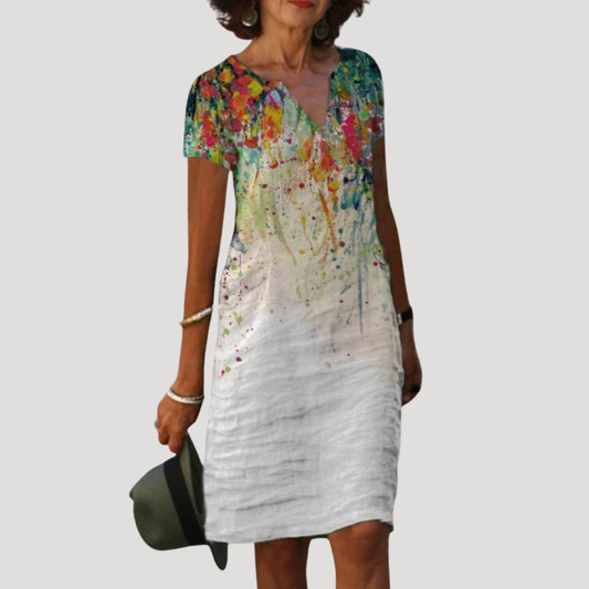 Flattering Printed Shift Dress with V-Neck
