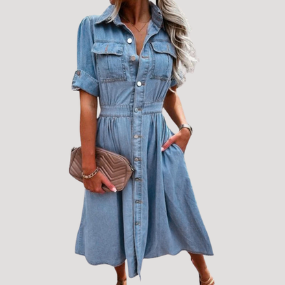Denim Button-Down Midi Shirt Dress with Elastic Waist