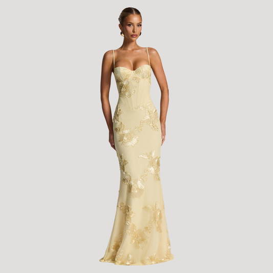 Women’s Elegant Embroidered Spaghetti Strap Evening Maxi Dress