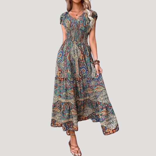 Boho Smocked Waist Maxi Holiday Dress