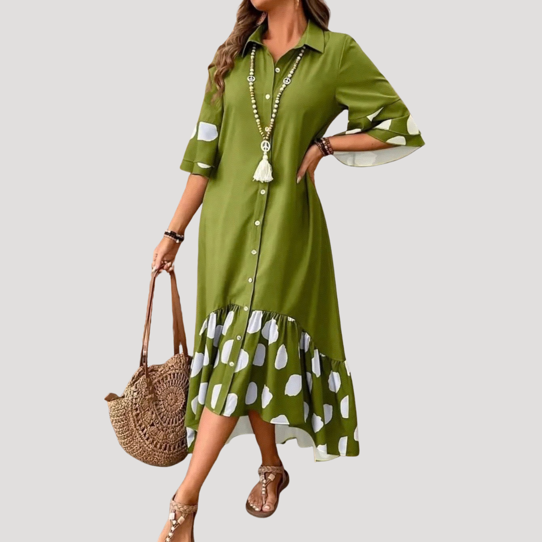 Printed Casual Maxi Shirt Dress with Flared Sleeves and Ruffle Hem