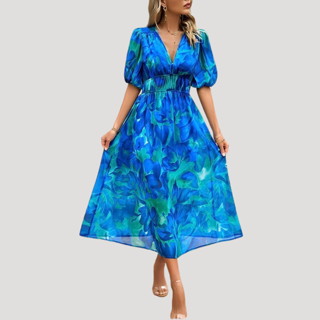 Flowy Printed Puff Sleeve Midi Dress