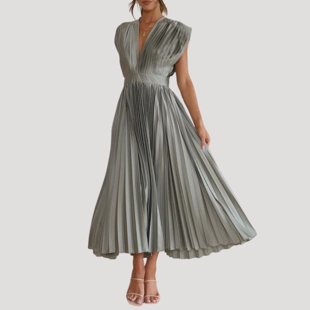 Pleated V-Neck Midi Occasion Dress