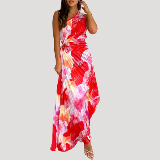 One Shoulder Floral Maxi Holiday Dress