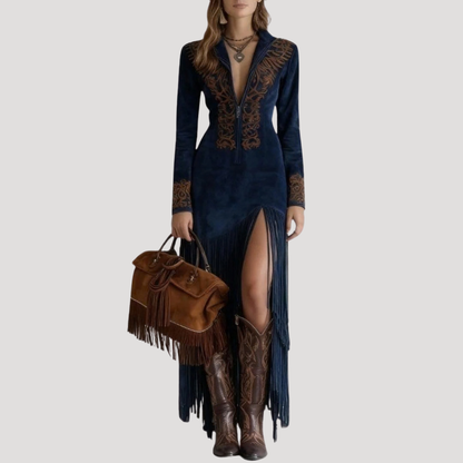 Embroidered Fringe Maxi Occasion Dress