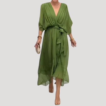 Chiffon Wrap Midi Dress with Tie Waist and Flowy Fit