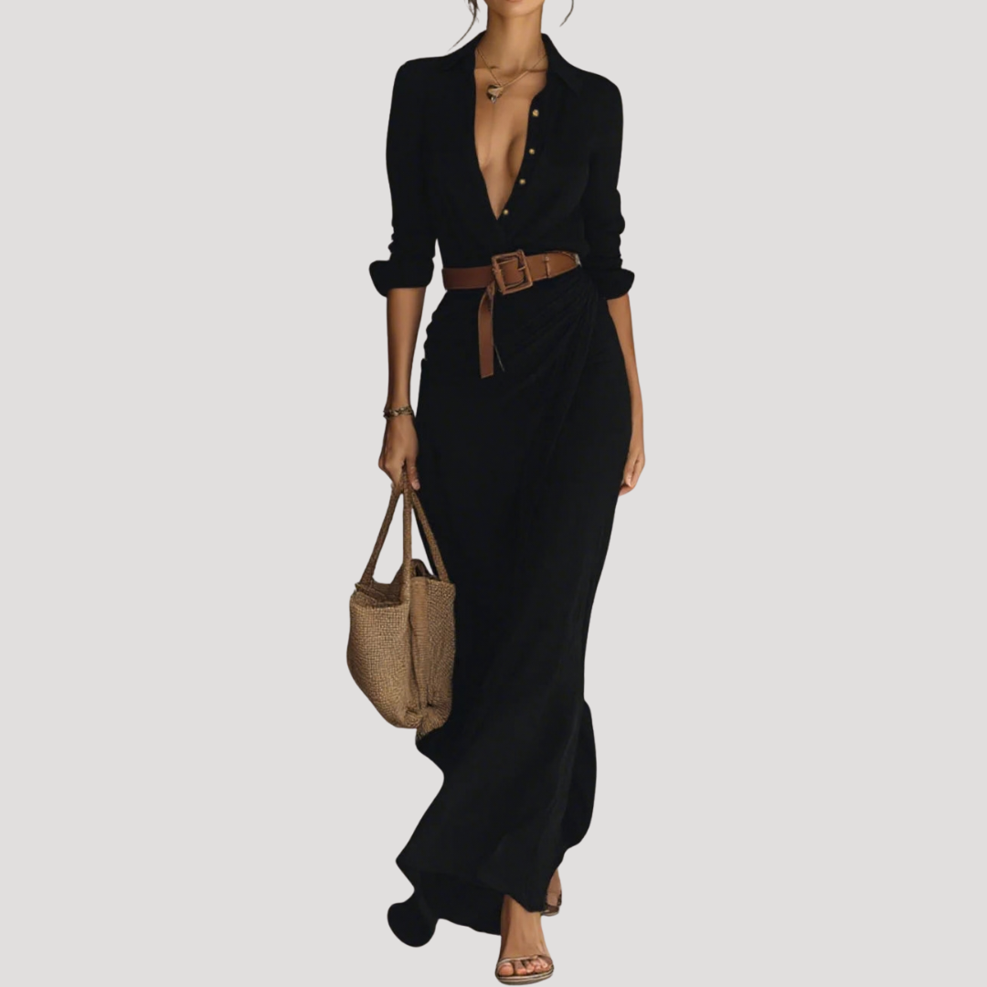 Flattering Long Sleeve Belted Button-Down Maxi Dress