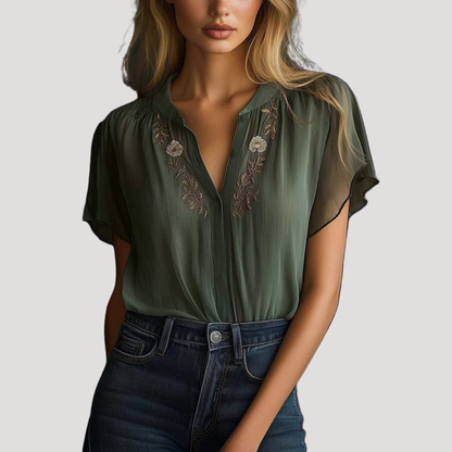Women’s Elegant Green Short Sleeve Embroidered Blouse
