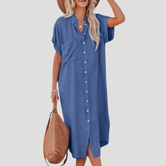 Denim Short Sleeve Midi Shirt Dress with Relaxed Fit