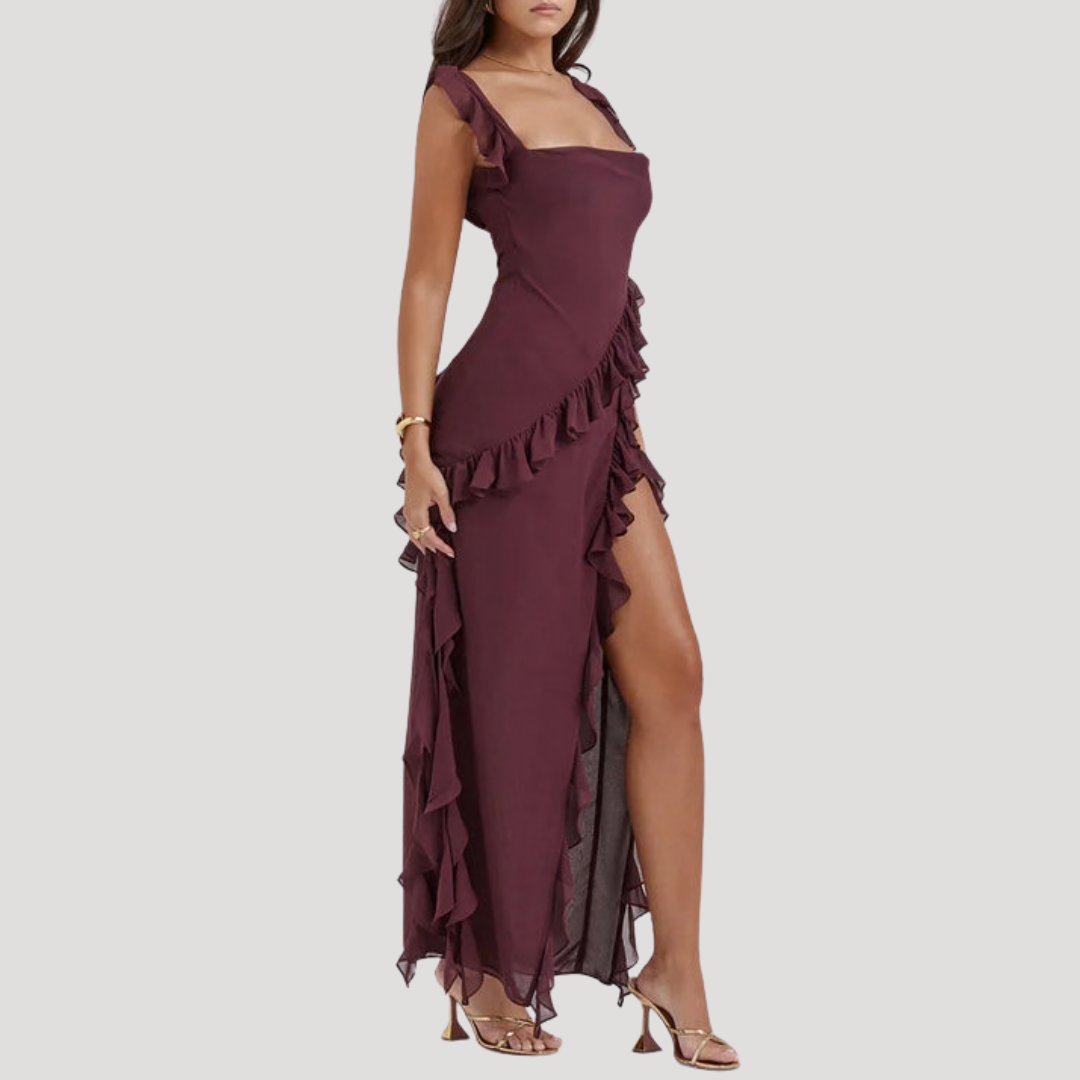 Ruffle Maxi Dress with High Slit for Elegant Evenings