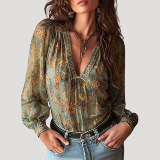 Women’s Elegant Long Sleeve Floral Sheer Blouse