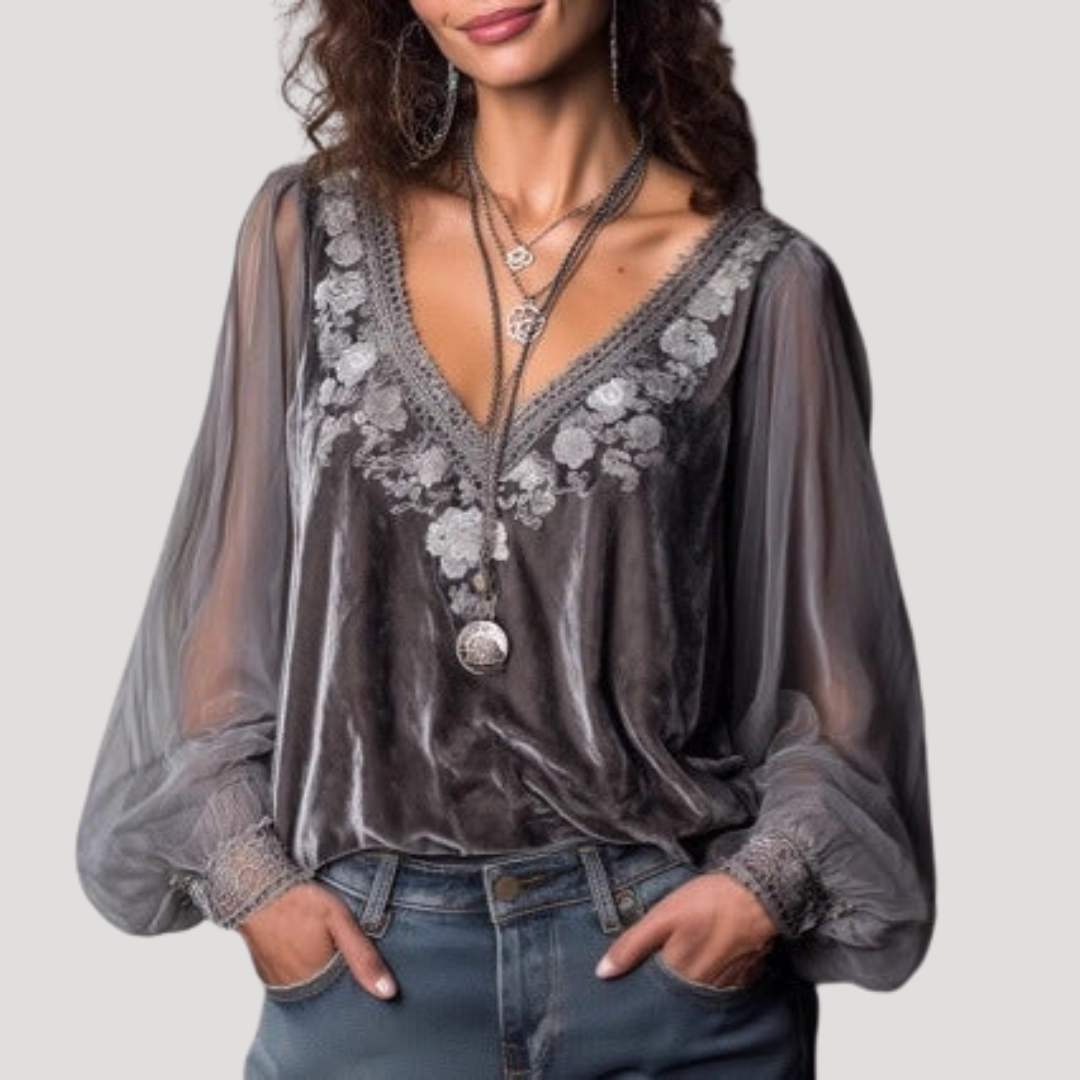 Women’s Elegant Grey Long Sleeve Lace Sheer Blouse