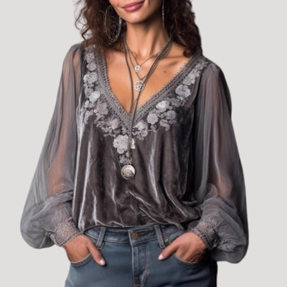 Women’s Elegant Grey Long Sleeve Lace Sheer Blouse