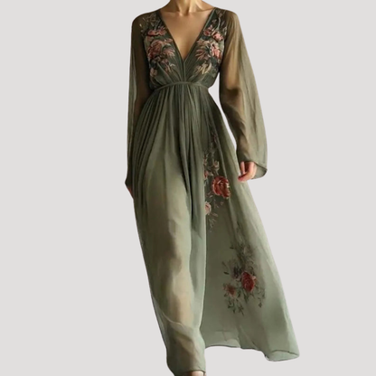 Women’s Elegant Green Floral Maxi Dress