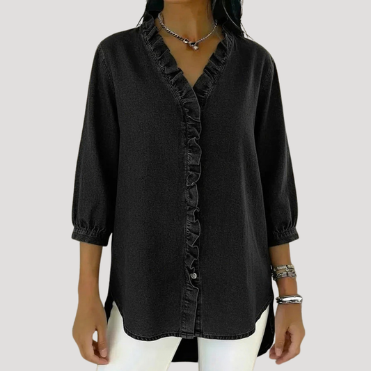 Women's Soft Denim Look Ruffle Front Blouse