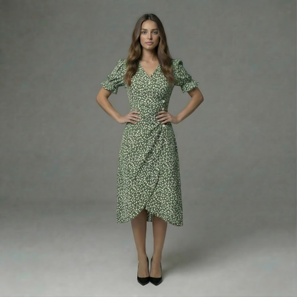 Women’s Floral Wrap Midi Dress with Short Sleeves