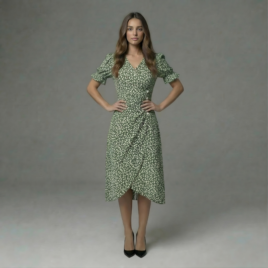 Women’s Floral Wrap Midi Dress with Short Sleeves