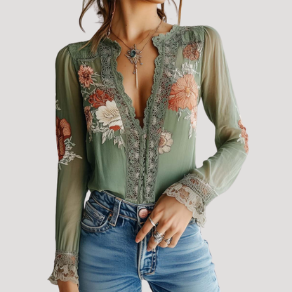 Women’s Elegant Green Long Sleeve Floral Lace Blouse